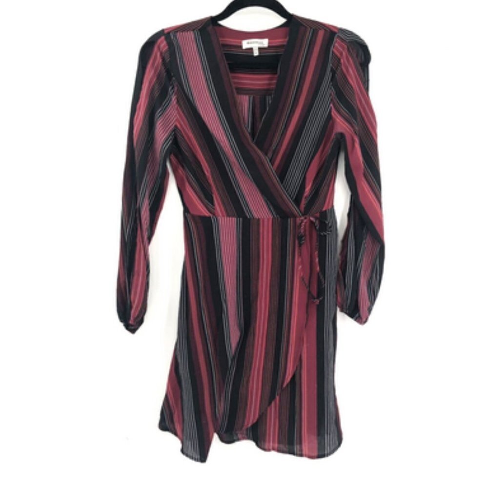 MONTEAU Faux Wrap Dress Multi Stripe Cut Out Sleeves M Red Black Lined Women